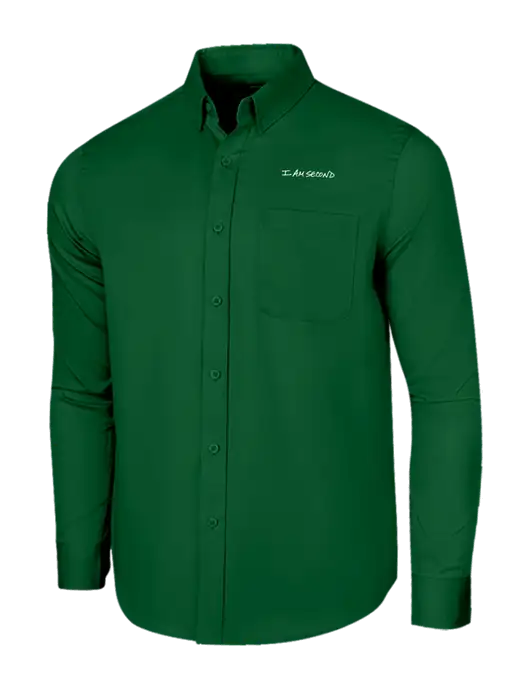 Long Sleeve Dark Green Superpro React Twill Shirt w/I Am Second Logo