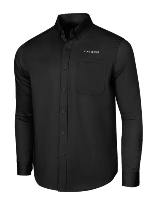 Long Sleeve Deep Black Superpro React Twill Shirt w/I Am Second Logo