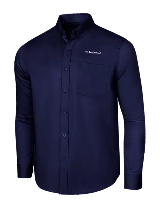 Long Sleeve Navy Superpro React Twill Shirt w/I Am Second Logo