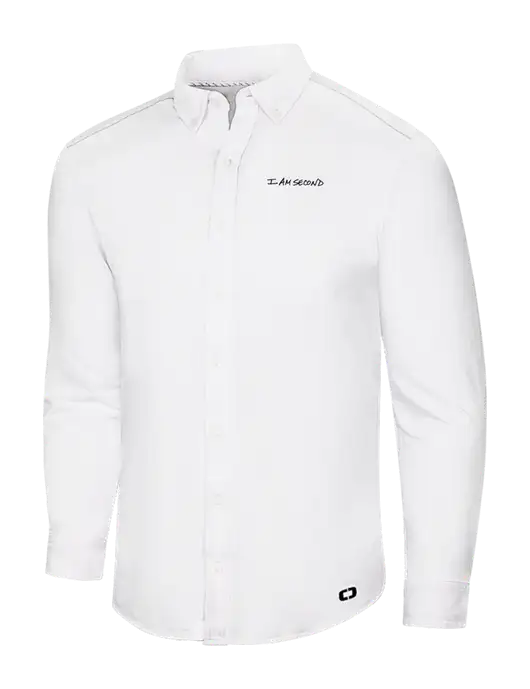 OGIO Bright White Modern Code Stretch Button-Up Shirt w/I Am Second Logo