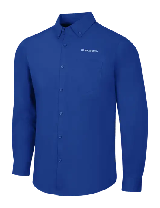 Dark Royal Long Sleeve Carefree Poplin Shirt w/I Am Second Logo