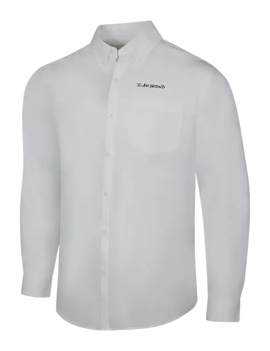 White Long Sleeve Carefree Poplin Shirt w/I Am Second Logo