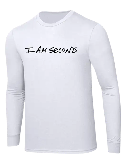 Simply Soft Long Sleeve White 4.5 oz, Poly/Combed Ring Spun Cotton T-Shirt w/I Am Second Logo