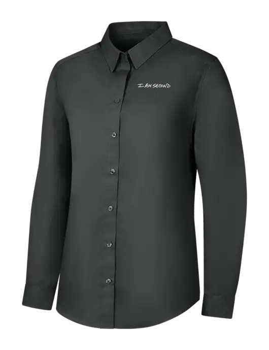 Womens Dark Grey Long Sleeve Carefree Poplin Shirt w/I Am Second Logo