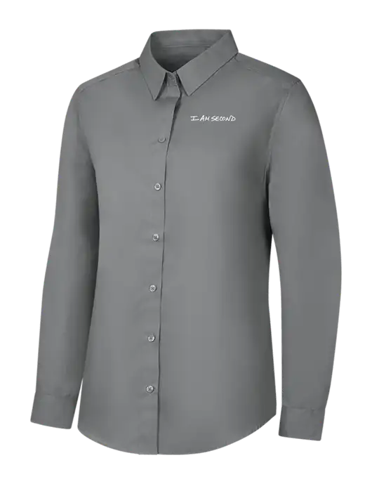 Womens Medium Grey Long Sleeve Carefree Poplin Shirt w/I Am Second Logo