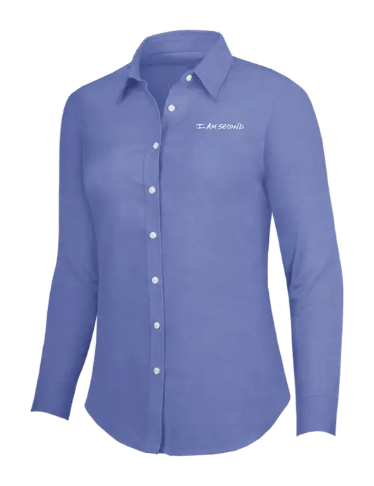 Navy Womens SuperPro Oxford Shirt w/I Am Second Logo