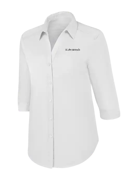 Womens White 3/4 Sleeve Carefree Poplin Shirt w/I Am Second Logo