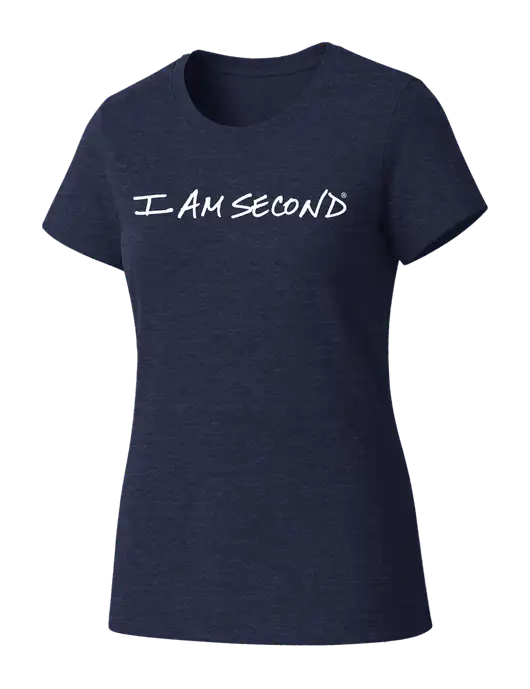 Womens Seriously Soft Heathered Navy T-Shirt w/I Am Second Logo