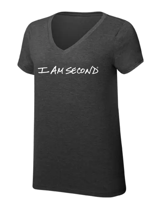 Womens Simply Soft V-Neck Black Frost 4.5oz  Poly/Combed Ring Spun Cotton T-Shirt w/I Am Second Logo