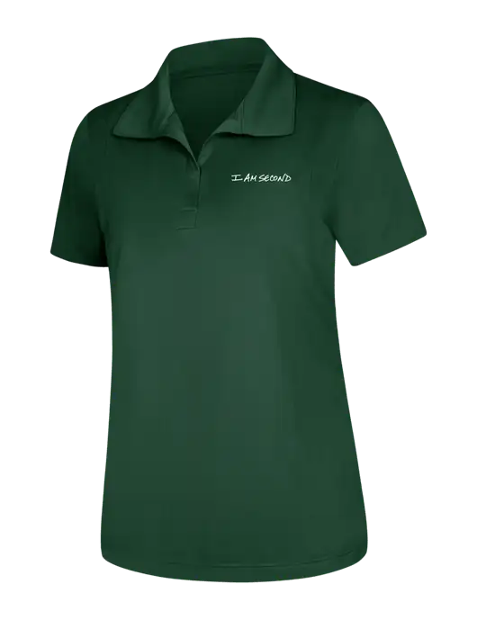 Womens Dark Green Micropique Sport-Wick Polo w/I Am Second Logo