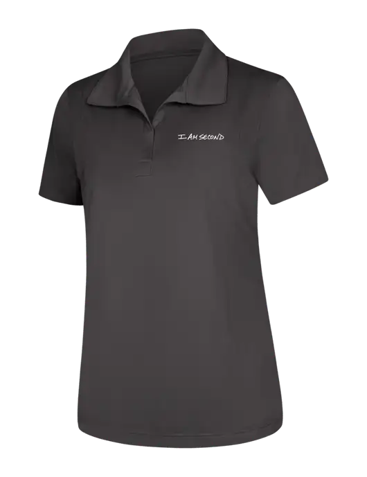Womens Dark Grey Micropique Sport-Wick Polo w/I Am Second Logo