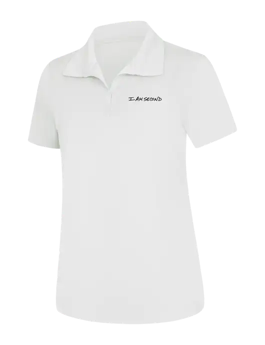 Womens White Micropique Sport-Wick Polo w/I Am Second Logo