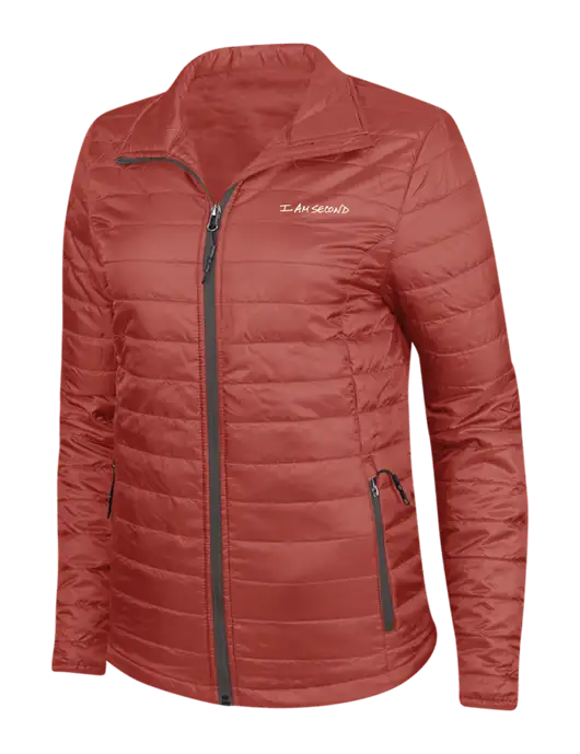 Dark Red Womens Puffy Packable Jacket w/I Am Second Logo