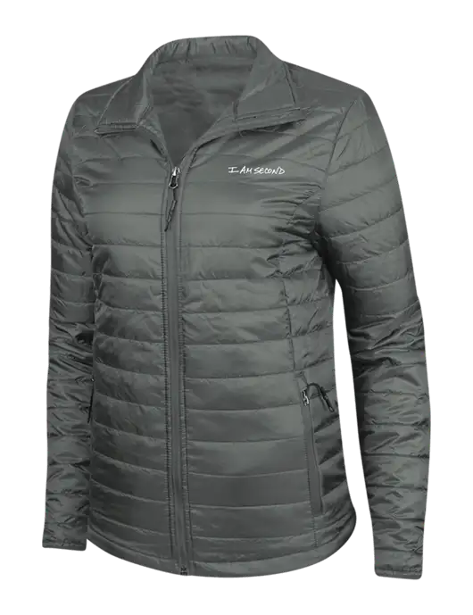 Dark Grey Womens Puffy Packable Jacket w/I Am Second Logo