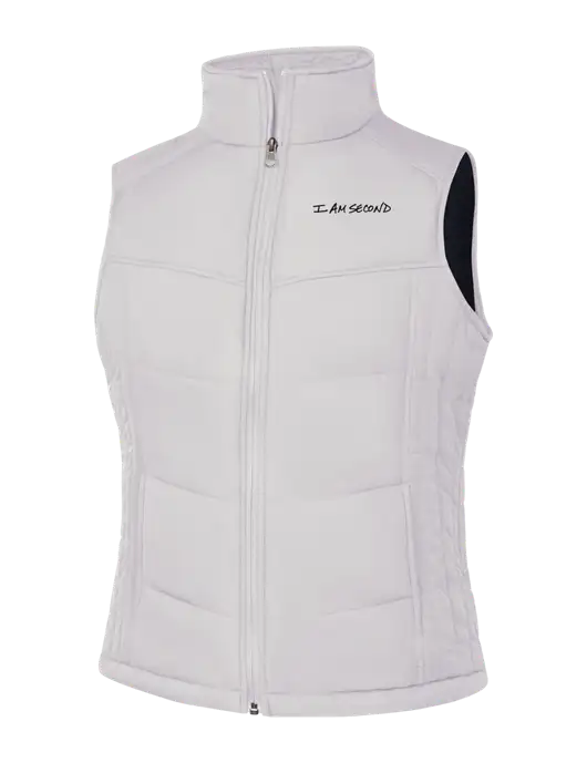 Womens White/Dark Slate Puffy Vest w/I Am Second Logo