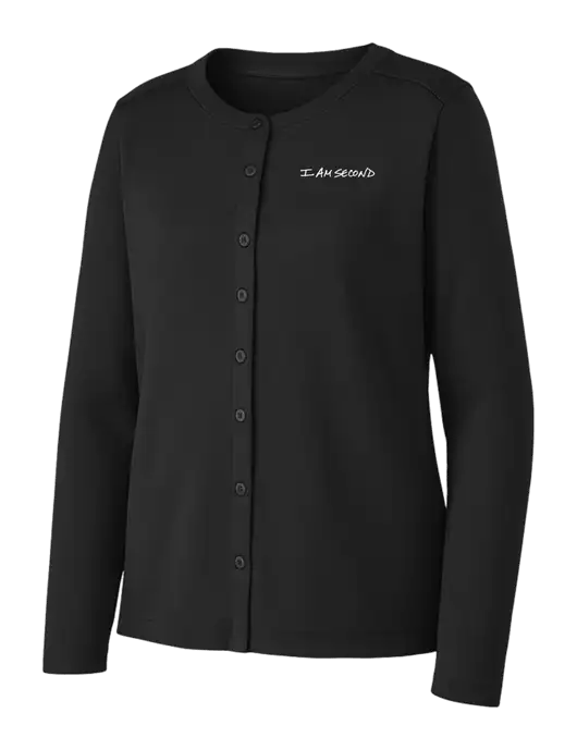 Black Womens Concept Stretch Button-Front Cardigan Sweater w/I Am Second Logo