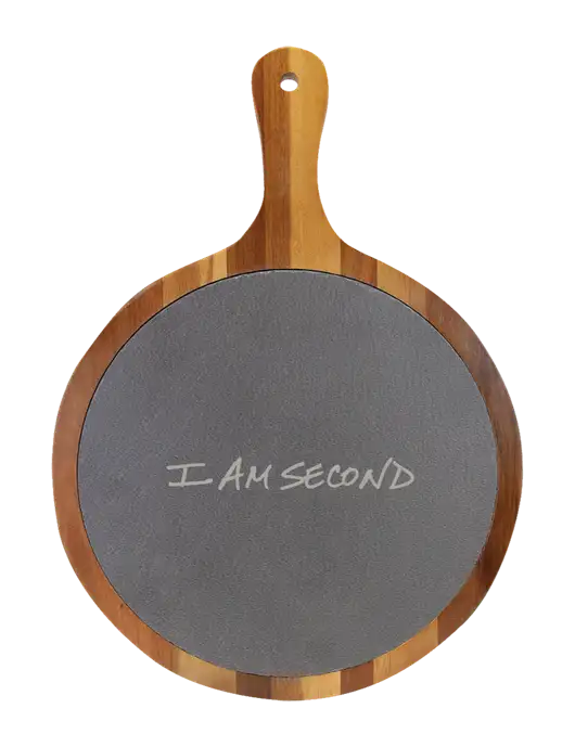 Acacia Wood & Slate Round Cutting Board & Handle 10.5 x 14.5 w/I Am Second Logo