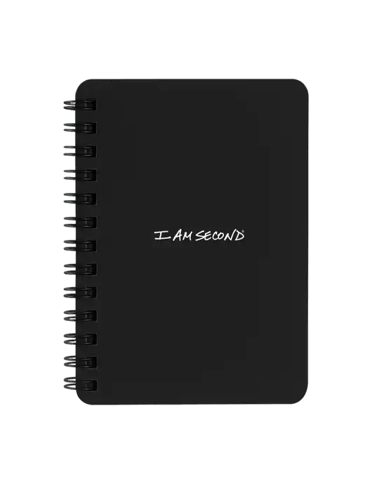 Sturdy Black Hardcover Notebook, 5.25 x 7 w/I Am Second Logo