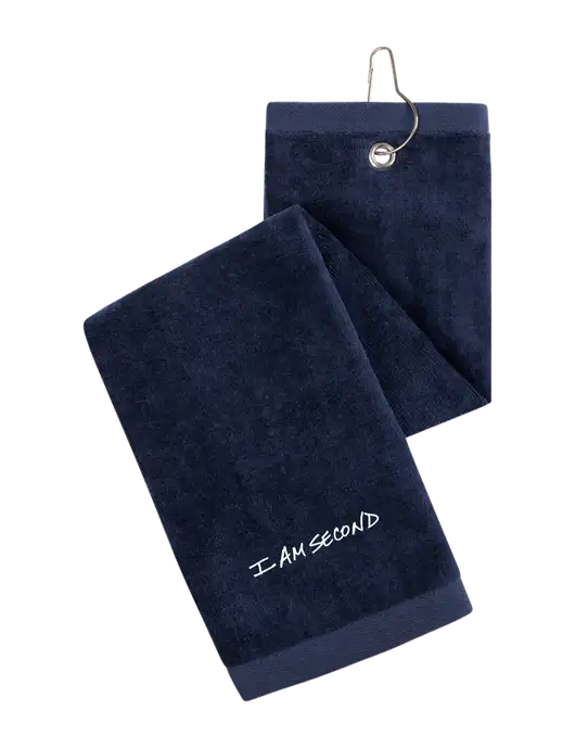 Navy Tri-Fold Golf Towel with Grommet w/I Am Second Logo