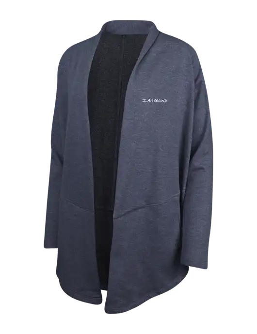 Estate Blue Heather/Charcoal Heather Womens Interlock Cardigan w/I Am Second Logo