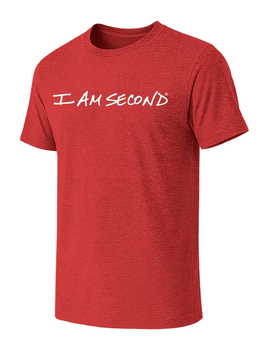 BELLA+CANVAS Heather Red CVC Short Sleeve Tee w/I Am Second Logo