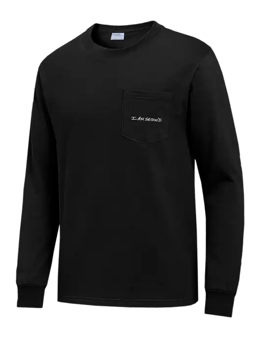 Black Long Sleeve Heavyweight 6.1 oz Pocket T-Shirt w/I Am Second Logo