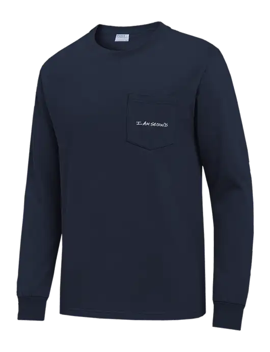 Navy Long Sleeve Heavyweight 6.1 oz Pocket T-Shirt w/I Am Second Logo