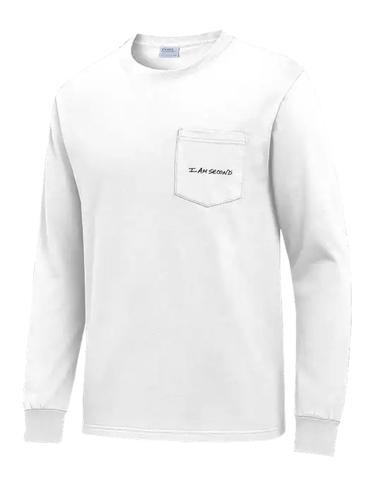 White Long Sleeve Heavyweight 6.1 oz Pocket T-Shirt w/I Am Second Logo