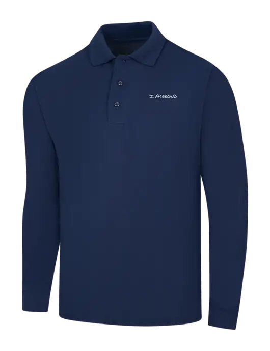Navy Silk Touch Long Sleeve Polo w/I Am Second Logo