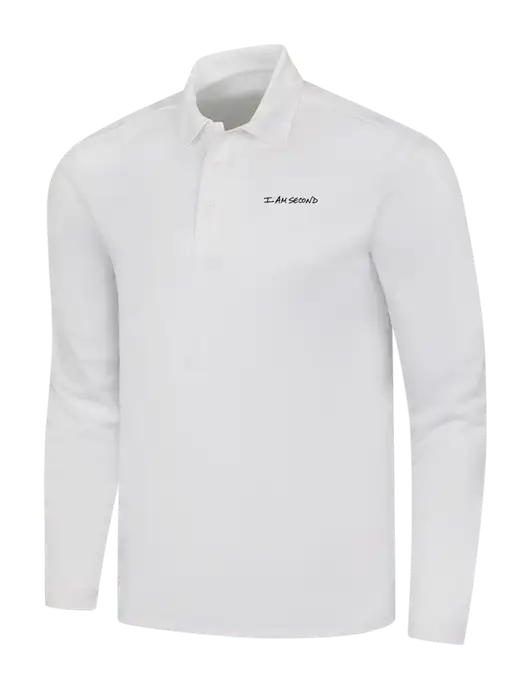 White Silk Touch Performance Long Sleeve Polo w/I Am Second Logo