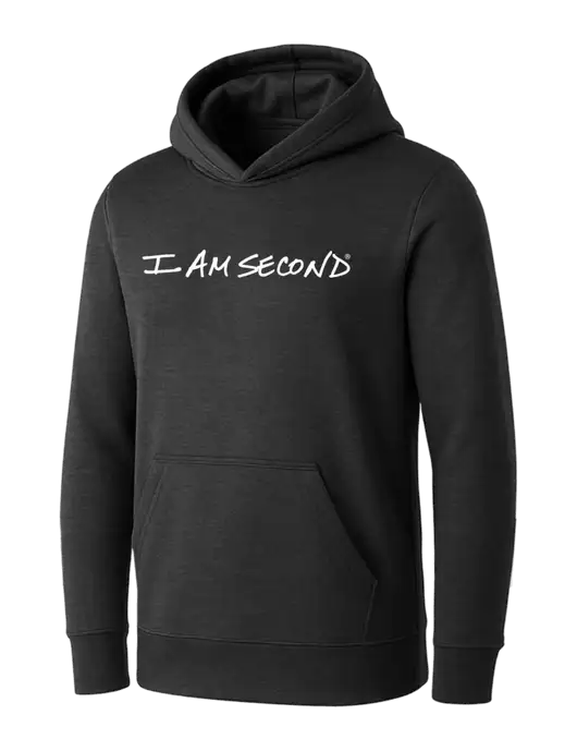 Womens Dark Grey Heather Core Fleece Pullover Hooded Sweatshirt w/I Am Second Logo