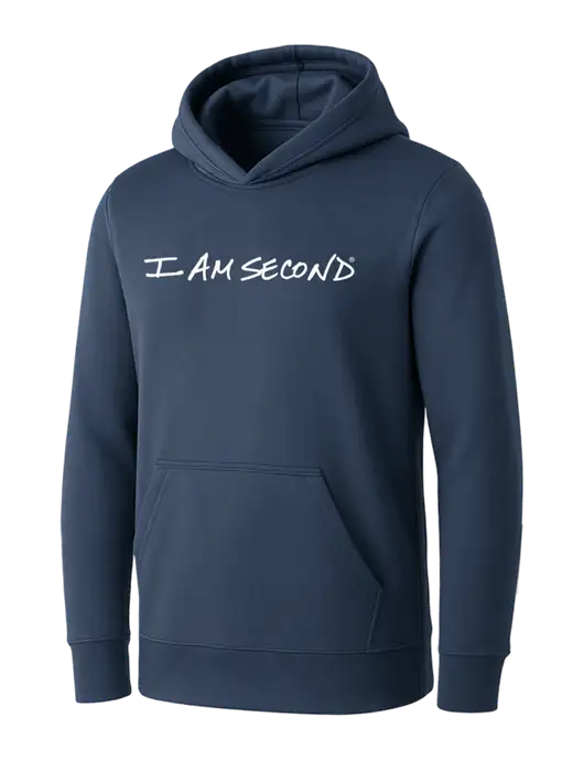 Womens Navy Core Fleece Pullover Hooded Sweatshirt w/I Am Second Logo
