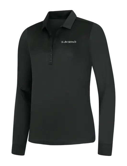Womens Black Silk Touch Performance Long Sleeve Polo w/I Am Second Logo