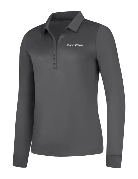 Womens Dark Grey Silk Touch Performance Long Sleeve Polo w/I Am Second Logo