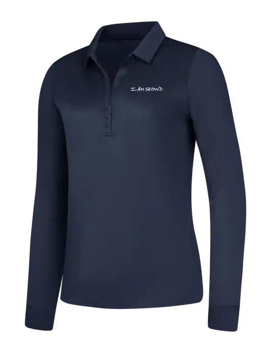 Womens Navy Silk Touch Performance Long Sleeve Polo w/I Am Second Logo