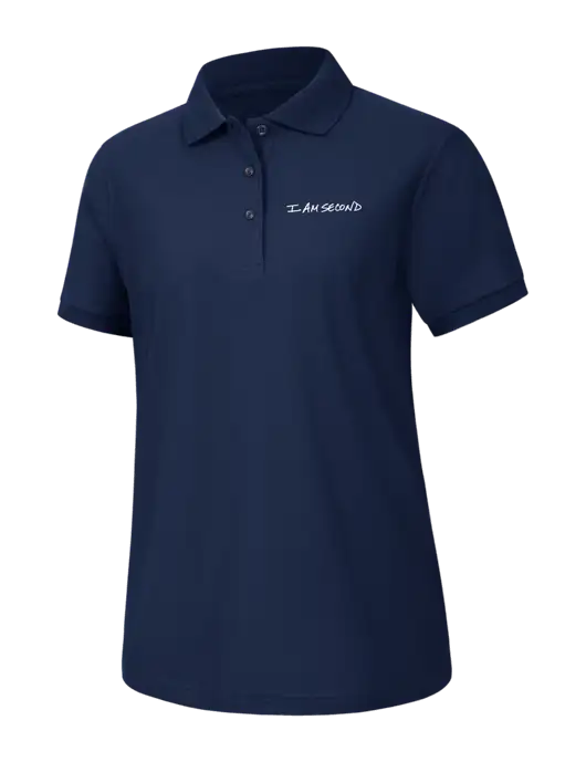 Womens Navy Silk Touch Polo w/I Am Second Logo