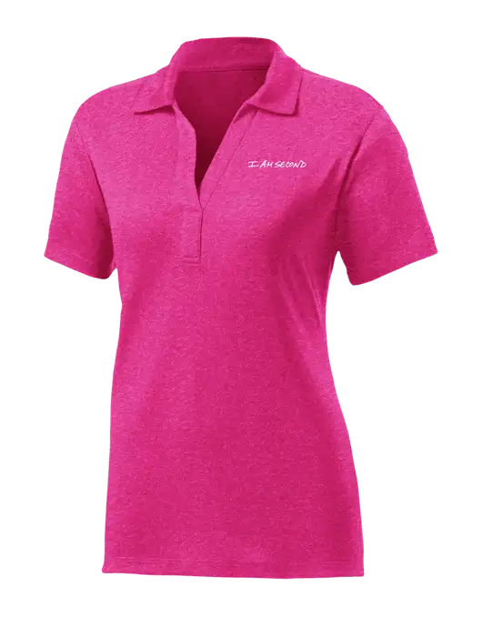 Womens Pink Raspberry Heather Contender Polo w/I Am Second Logo
