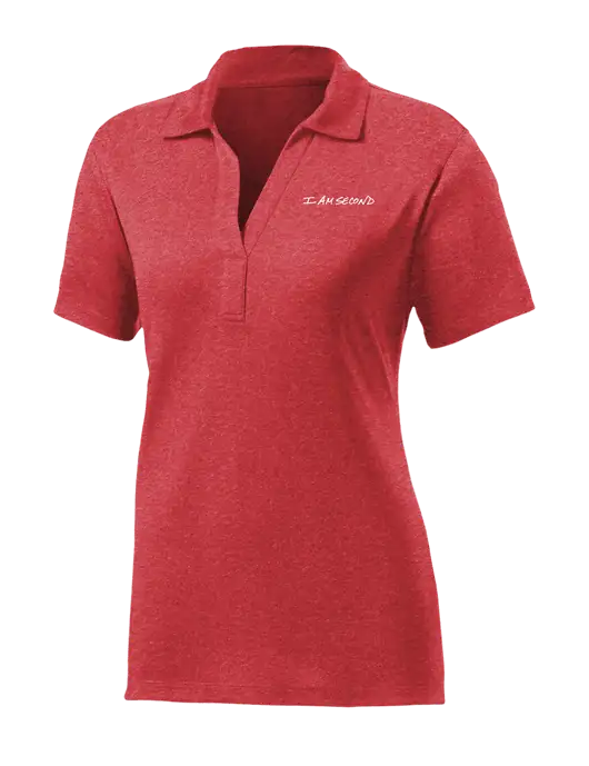Womens Red Heather Contender Polo w/I Am Second Logo