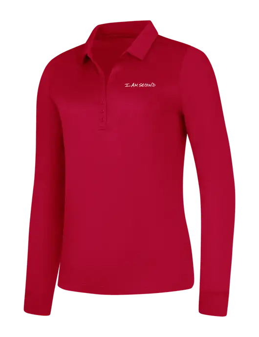 Womens Red Silk Touch Performance Long Sleeve Polo w/I Am Second Logo