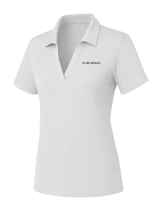 Womens White PosiCharge RacerMesh Polo w/I Am Second Logo