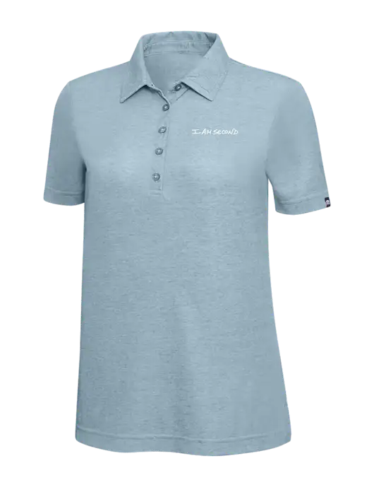 TravisMathew Light Blue Heather Womens  Oceanside Polo w/I Am Second Logo