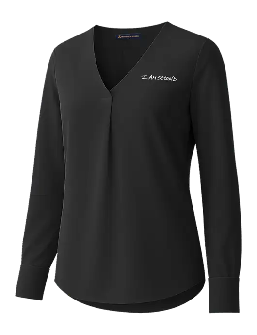 Brooks Brothers Womens Black Open-Neck Satin Blouse  w/I Am Second Logo