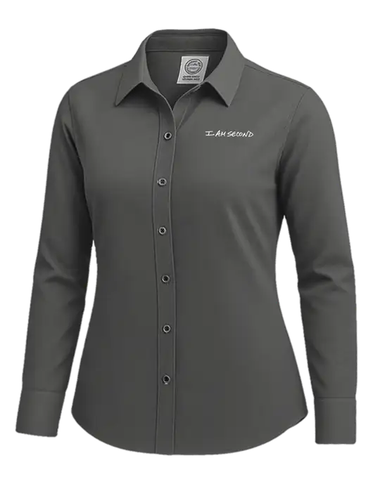 Brooks Brothers Womens Dark Grey Wrinkle-Free Stretch Nailhead Shirt w/I Am Second Logo