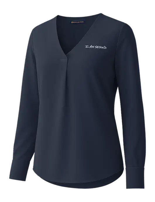 Brooks Brothers Womens Dark Navy Open-Neck Satin Blouse  w/I Am Second Logo