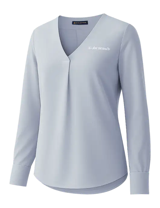 Brooks Brothers Womens Light Slate Blue Open-Neck Satin Blouse  w/I Am Second Logo