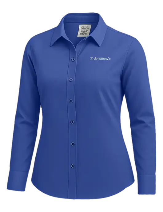 Brooks Brothers Womens Royal Blue Wrinkle-Free Stretch Nailhead Shirt w/I Am Second Logo