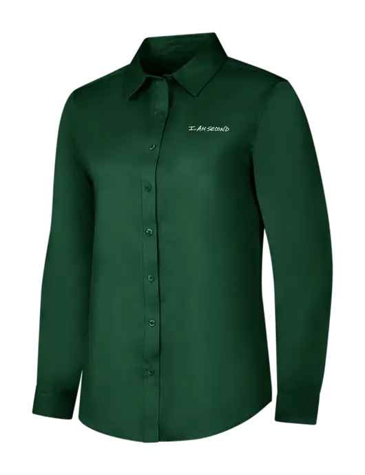 Dark Green Womens Long Sleeve Superpro React Twill Shirt w/I Am Second Logo