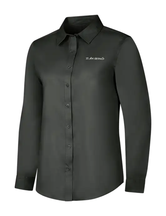 Dark Grey Womens Long Sleeve Superpro React Twill Shirt w/I Am Second Logo