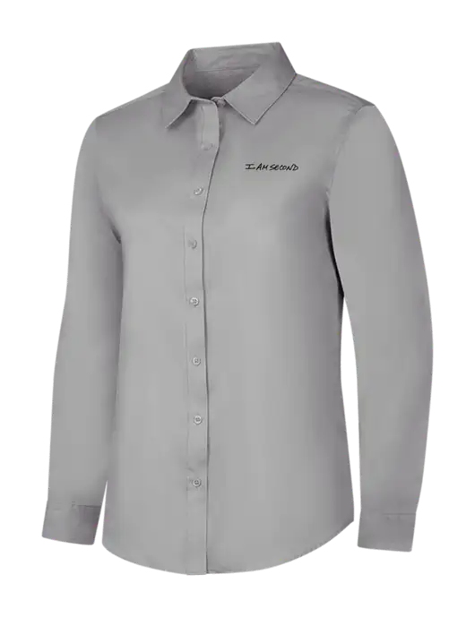 Light Grey Womens Long Sleeve Superpro React Twill Shirt w/I Am Second Logo