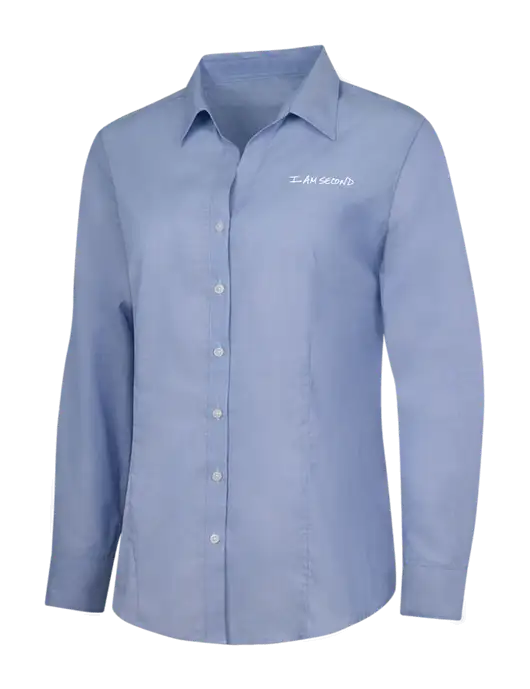 Light Slate Blue Womens Crosshatch Easy Care Shirt w/I Am Second Logo